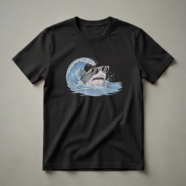 A grey shark wearing white-rimmed sunglasses emerges from a blue wave, depicted in a drawing art style on a black t-shirt.