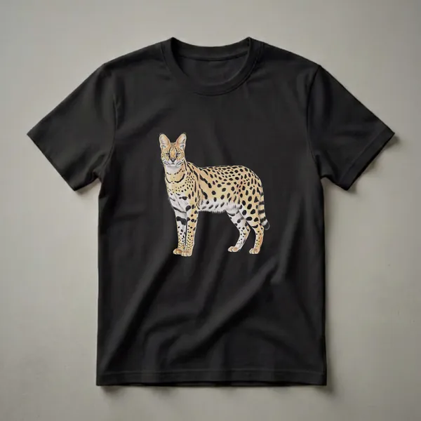 Black t-shirt featuring a detailed illustration of a serval cat with its characteristic spotted fur and large ears, standing against a black background.