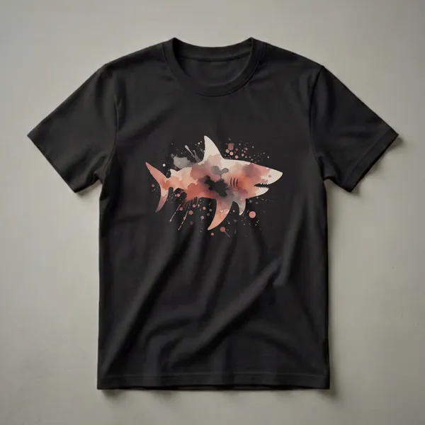 Black t-shirt featuring a shark silhouette filled with a watercolor splash design in brown, orange, and grey tones, with paint splatters around it.