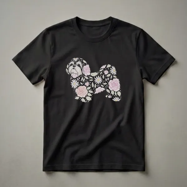 Black t-shirt featuring a Shih Tzu silhouette filled with a hand-drawn pattern of pink roses, white daisies, and green leaves.