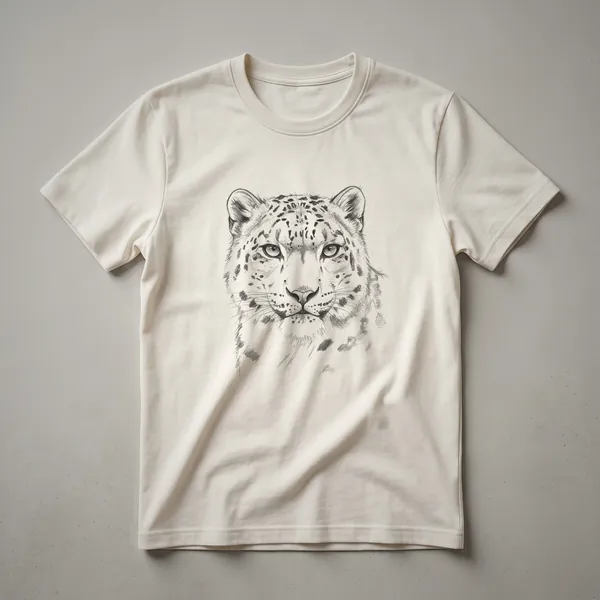 Black and white line art t-shirt featuring the face of a snow leopard with detailed fur patterns and piercing eyes.