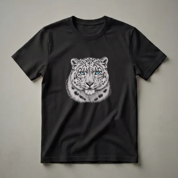 Black t-shirt with a detailed black and white drawing of a snow leopard's face, featuring bright blue eyes and dark spots, set against a black background.