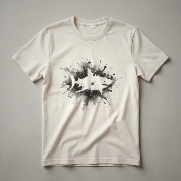 Black graphic t-shirt featuring a vintage abstract drawing of a shark silhouette with dark ink splatters.