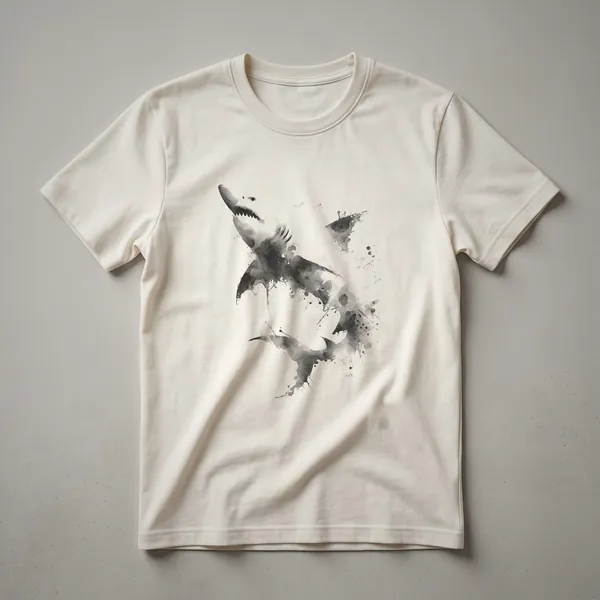 Black t-shirt with an abstract, ink-splattered drawing of a shark in shades of grey and white, showcasing its teeth and fins.