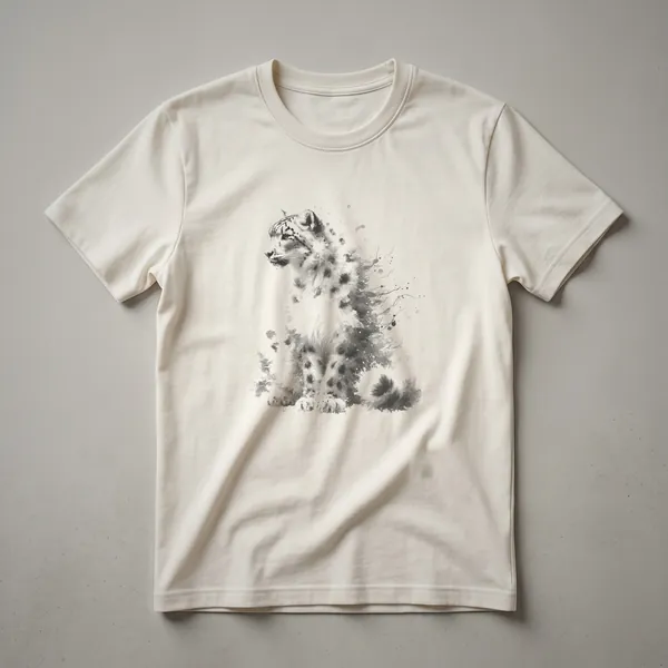 Black and white abstract drawing of a snow leopard's face, with visible fur texture and eye detail, on a t-shirt.