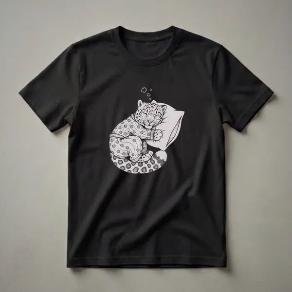 Black and white sketch of a snow leopard wearing polka dot pajamas and sleeping peacefully on a pillow, with small dream clouds above its head.