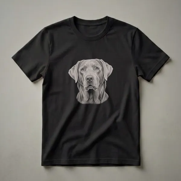 A black t-shirt featuring a detailed, monochromatic drawing of a silver Labrador Retriever's head and neck against a black background.