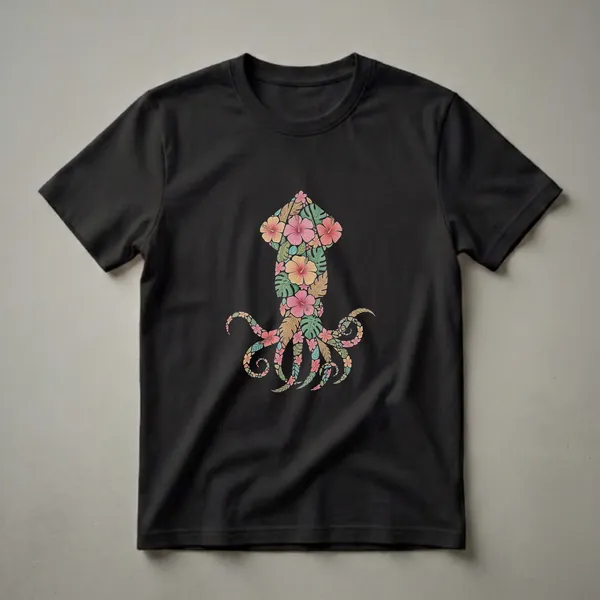 A black t-shirt featuring a graphic of a squid composed of colorful tropical flowers like hibiscus and green monstera leaves.
