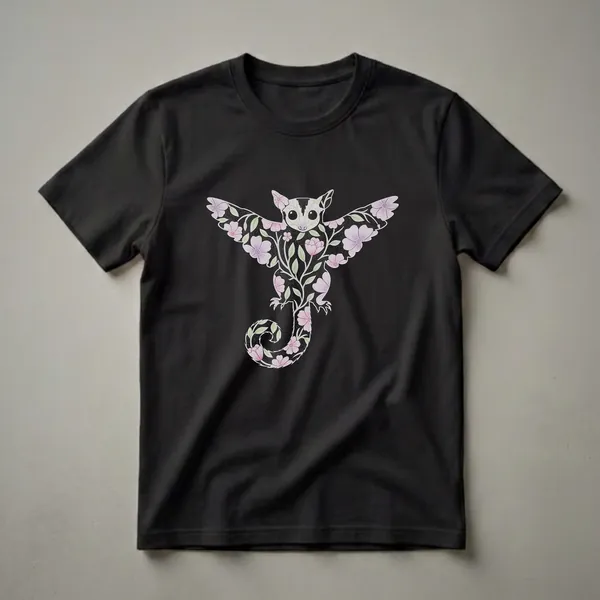 A black t-shirt featuring a white sugar glider illustration filled with pink and purple flowers and green leaves, with its wings spread and tail curled.