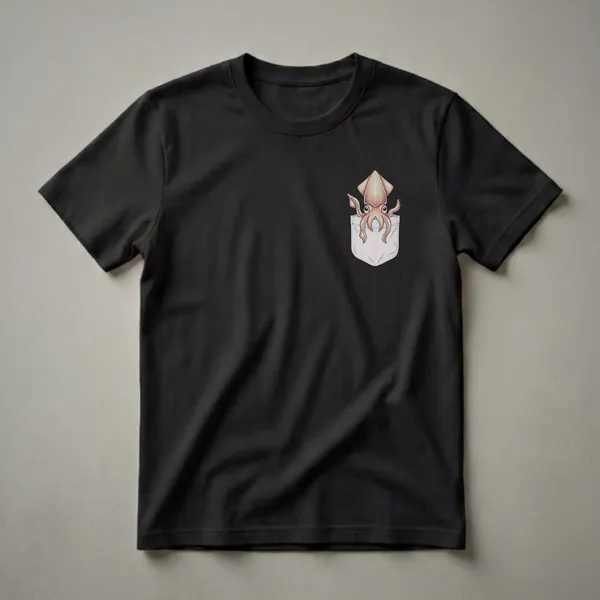 A black t-shirt featuring a detailed, colored pencil drawing of a curious squid peeking out from a white pocket.