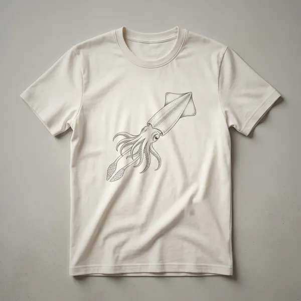Black and white line drawing of a squid on a t-shirt, showcasing its tentacles and mantle in a vintage art style.