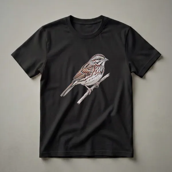 Black t-shirt with a detailed colored pencil drawing of a song sparrow perched on a branch, showcasing its brown, white, and gray plumage.