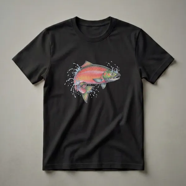 Black t-shirt featuring a detailed, colorful drawing of a sockeye salmon leaping out of the water with splashes.