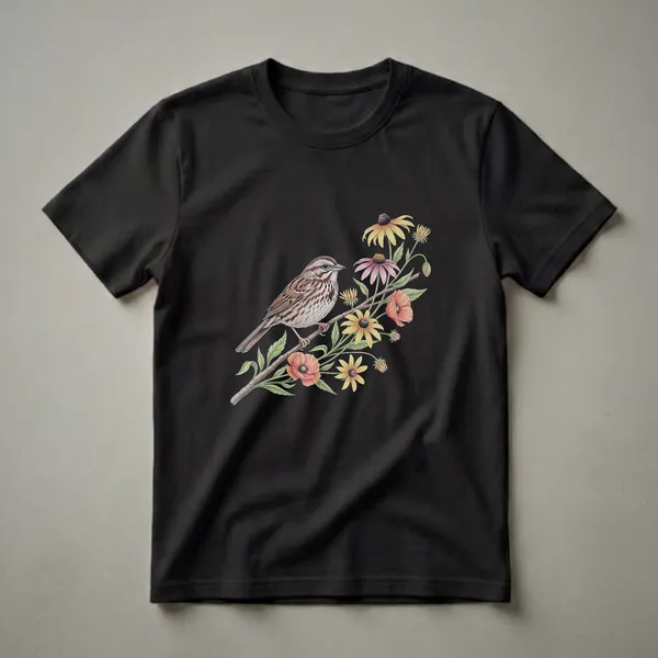 Black t-shirt featuring a vintage watercolor illustration of a song sparrow perched on a branch with orange poppies, yellow coneflowers, and pink echinacea.