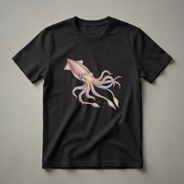 A vintage-style drawing of a squid in orange, yellow, and purple hues, depicted with detailed tentacles and body markings, on a black background.