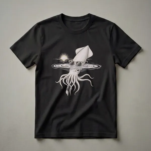 Black t-shirt with a graphic of a cool squid wearing sunglasses, partially submerged in rippling water with a sunset in the background. The design is rendered in a sketched style.