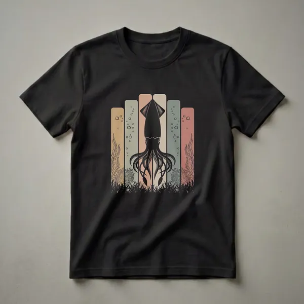 Black silhouette of a squid with tentacles spread, set against vertical stripes of muted orange, sage green, and dusty rose, with drawn seaweed and bubbles, on a black t-shirt.