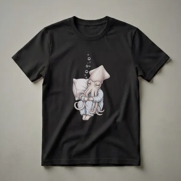 Black t-shirt featuring a detailed drawing of a light-colored squid wearing blue and white striped pajamas, sleeping on a pillow with bubbles rising above its head.
