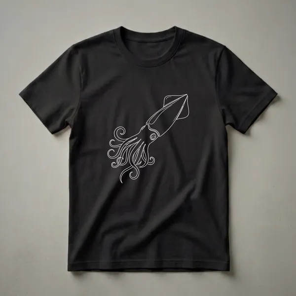 A black t-shirt featuring a minimalist white line drawing of a squid with its tentacles spread out.