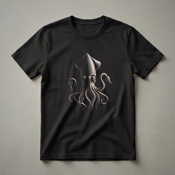 Black t-shirt featuring a vintage-style drawing of a squid with detailed tentacles and suckers, rendered in black, white, and pink.