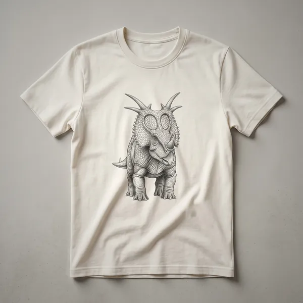 Black line drawing of a Styracosaurus dinosaur with a large frill and horns, depicted on a black t-shirt.