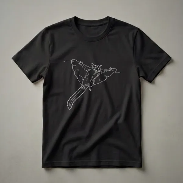 Black t-shirt featuring a white line art drawing of a sugar glider in mid-flight with its patagium extended and a long, bushy tail.