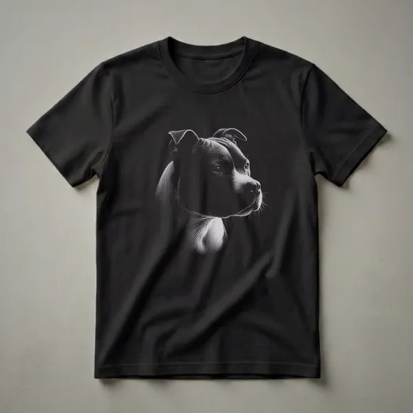 Black and white pencil sketch of a Staffordshire Bull Terrier's head in profile, showing its alert ears, expressive eye, and textured fur, on a black t-shirt.