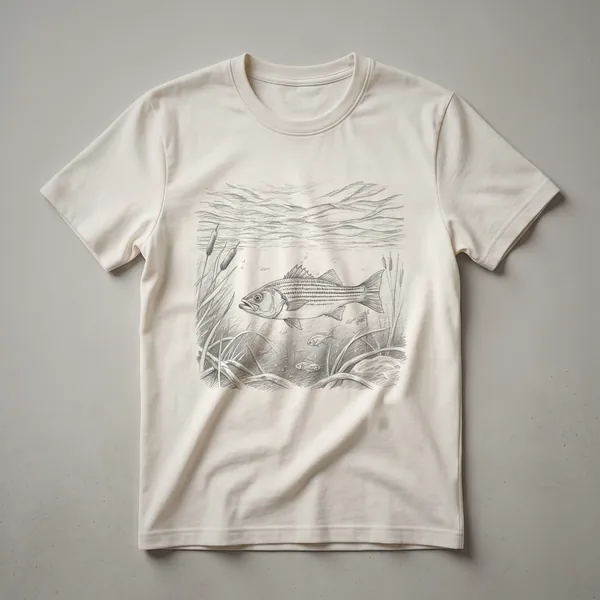 A black and white pencil drawing on a t-shirt depicts a striped bass swimming underwater surrounded by cattails, smaller fish, and submerged branches.