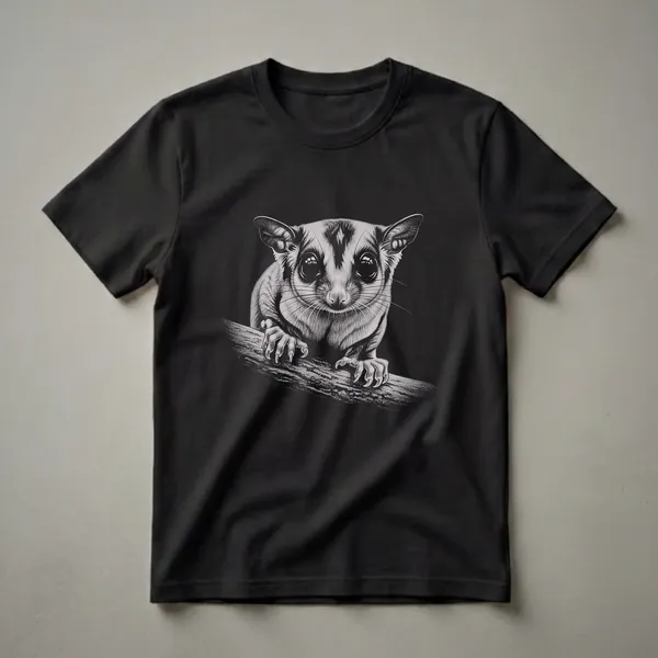 Black t-shirt with a detailed white sketch of a sugar glider's face and paws gripping a tree branch against a black background.