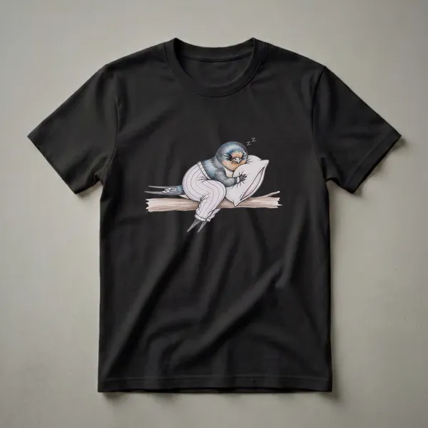 White t-shirt featuring a hand-drawn illustration of a swallow wearing striped pajamas, sleeping on a pillow on a branch, with 'Zzz' symbols above its head.