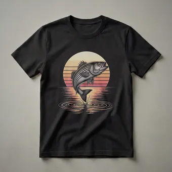 Retro Striped Bass Leaping Sunset Graphic T-Shirt for Anglers
