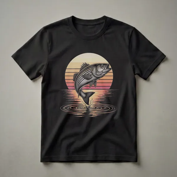 A graphic t-shirt featuring a leaping striped bass in front of a retro sunset with water ripples below.