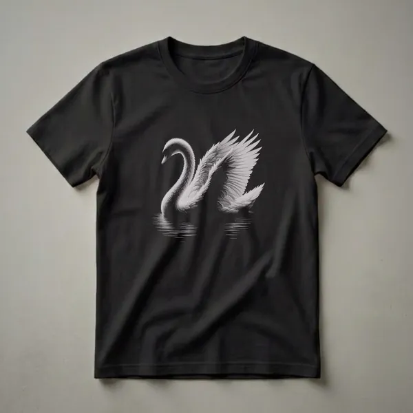 Black t-shirt featuring a detailed monochromatic drawing of a white swan swimming on water with its wings spread.