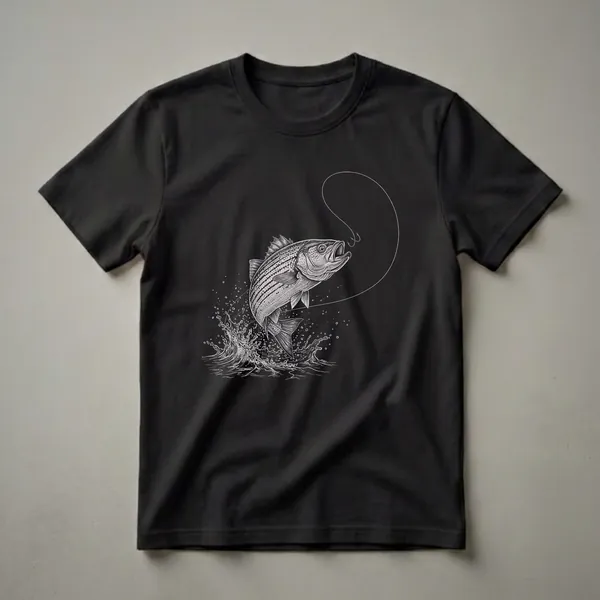 Black t-shirt with a white hand-drawn illustration of a striped bass leaping out of water, with a fishing line and hook above it.