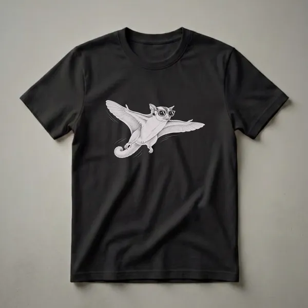 A black t-shirt featuring a detailed pencil-style drawing of a sugar glider in mid-flight, wearing cool sunglasses, with its wings spread wide.