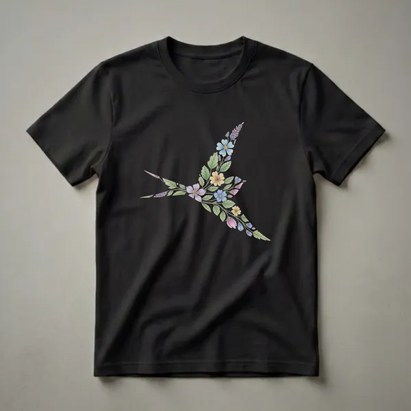 Black t-shirt featuring a swallow bird silhouette created from colorful watercolor flowers and green leaves, with a black background.