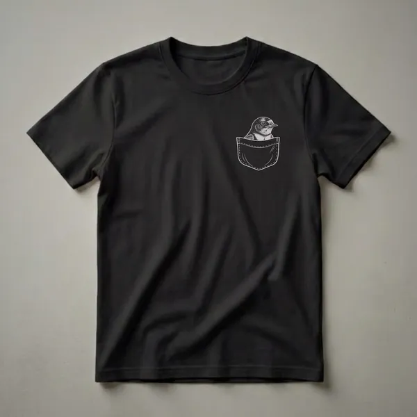 Black t-shirt with a vintage-style drawing of a swallow bird peeking out of a white stitched pocket on the left chest area.
