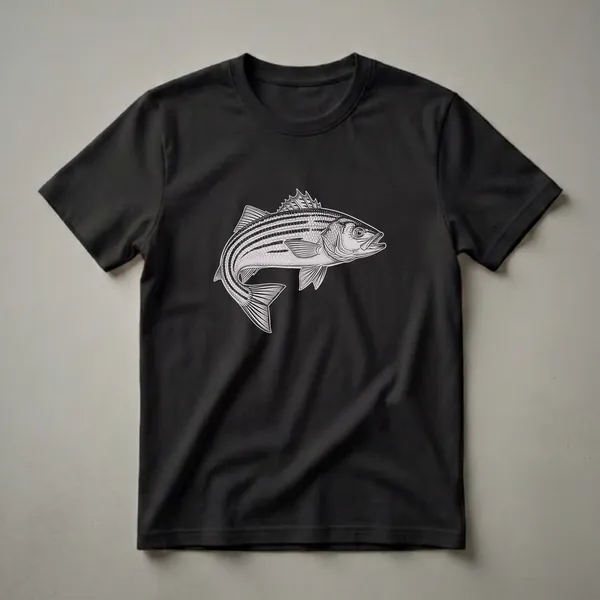 Black and white illustration of a striped bass fish with detailed scales and fins, displayed on a black t-shirt.