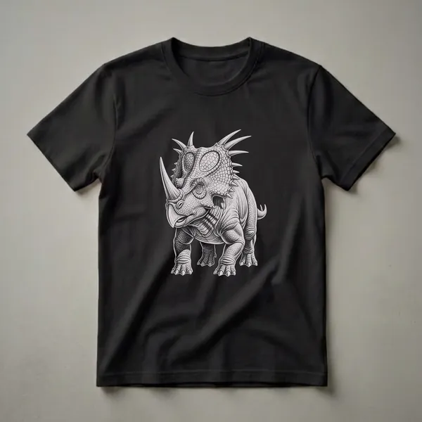 Black t-shirt with a detailed, monochromatic drawing of a Styracosaurus dinosaur featuring a large nasal horn and a spiky frill.
