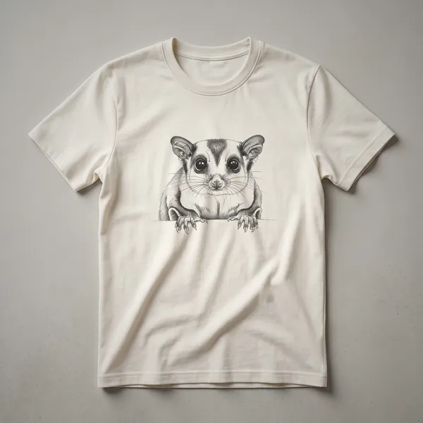 Black t-shirt with a white line drawing of a sugar glider peeking over a surface, showing its large eyes, ears, whiskers, and paws with sharp claws.