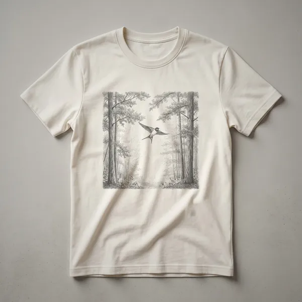 A black and white line drawing graphic t-shirt featuring a swallow in flight within a forest setting with trees and foliage.
