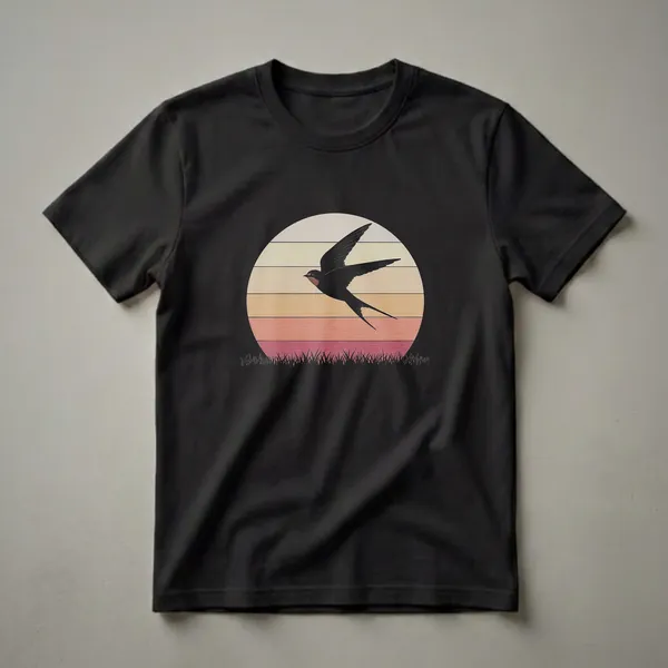 Black silhouette of a swallow bird in flight against a retro sunset with horizontal stripes of cream, yellow, orange, and red, with a silhouette of grass at the bottom.