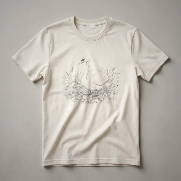A black t-shirt with a white line drawing of a swan standing in a meadow with tall grasses and wildflowers.