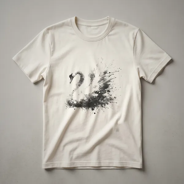 Black abstract ink splatter graphic of a swan on a black t-shirt, with visible brush strokes and splatters.