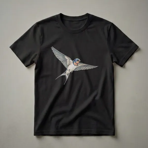 A vintage drawing of a barn swallow in flight, with wings spread and forked tail visible, rendered in colored pencil style on a black background.