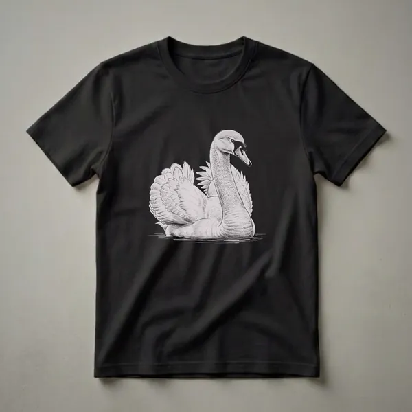 Black and white sketch of a swan swimming on water, depicted on a black t-shirt.