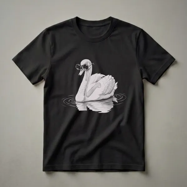 Black t-shirt with a pencil-sketch white swan floating on rippled water wearing large round black sunglasses, with a reflection visible below.