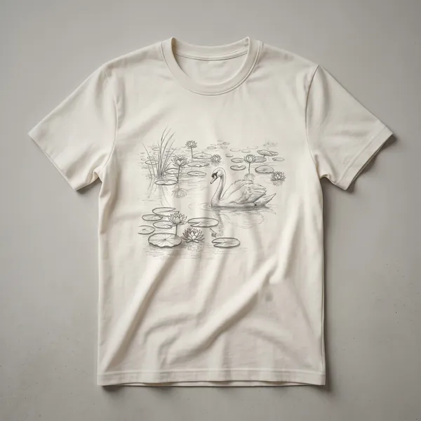 A black t-shirt featuring a white line drawing of a swan swimming in a pond surrounded by lotus flowers and lily pads, with reeds in the background.