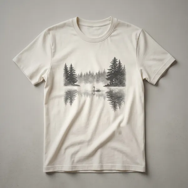 Black silhouette graphic t-shirt featuring a swan on water with pine trees in the background, reflecting in the water.