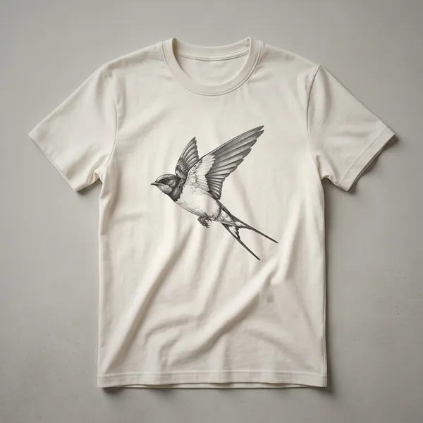 Black and white line drawing of a swallow bird in flight, with detailed wings and forked tail, on a dark background.